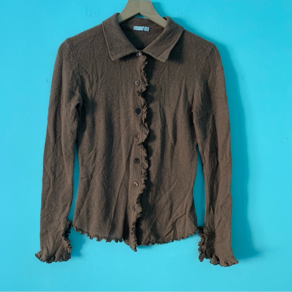 Casmari Hand Loomed Cashmere Ruffle Edge Button Up Slim Fit Cardigan Brown S